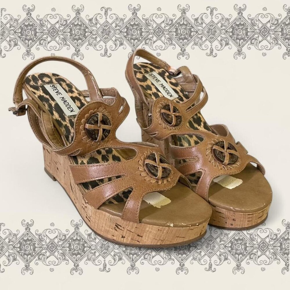 Steve Madden brown leather platform sandals with leopard print lining